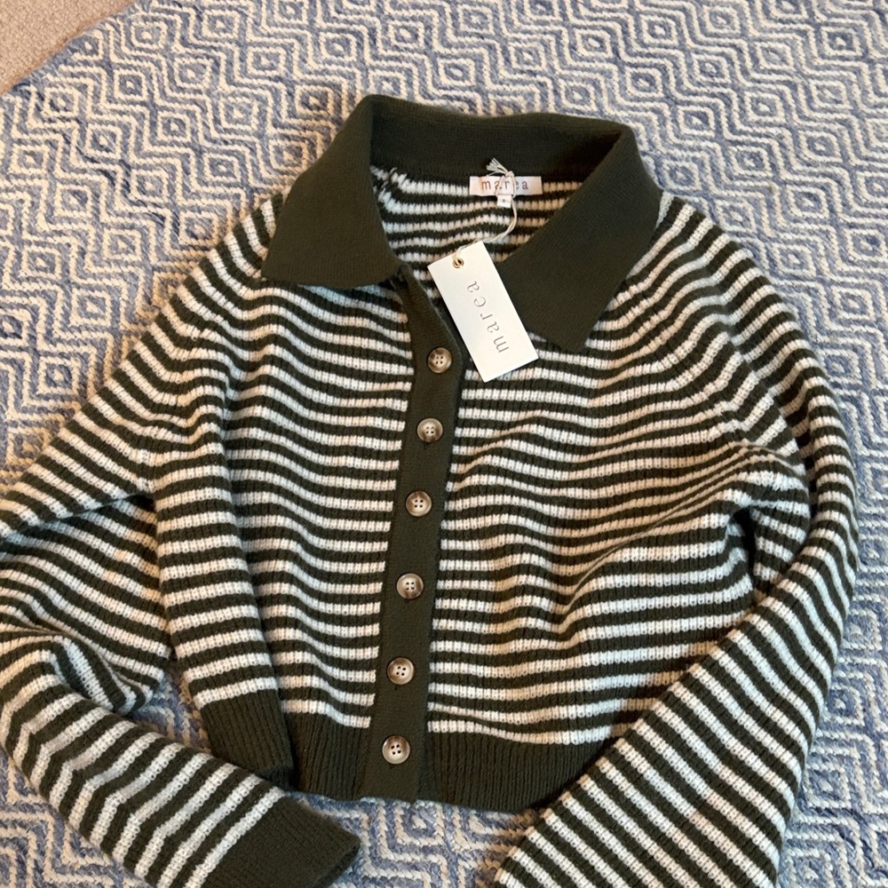Marea olive  Green and White Striped Cardigan